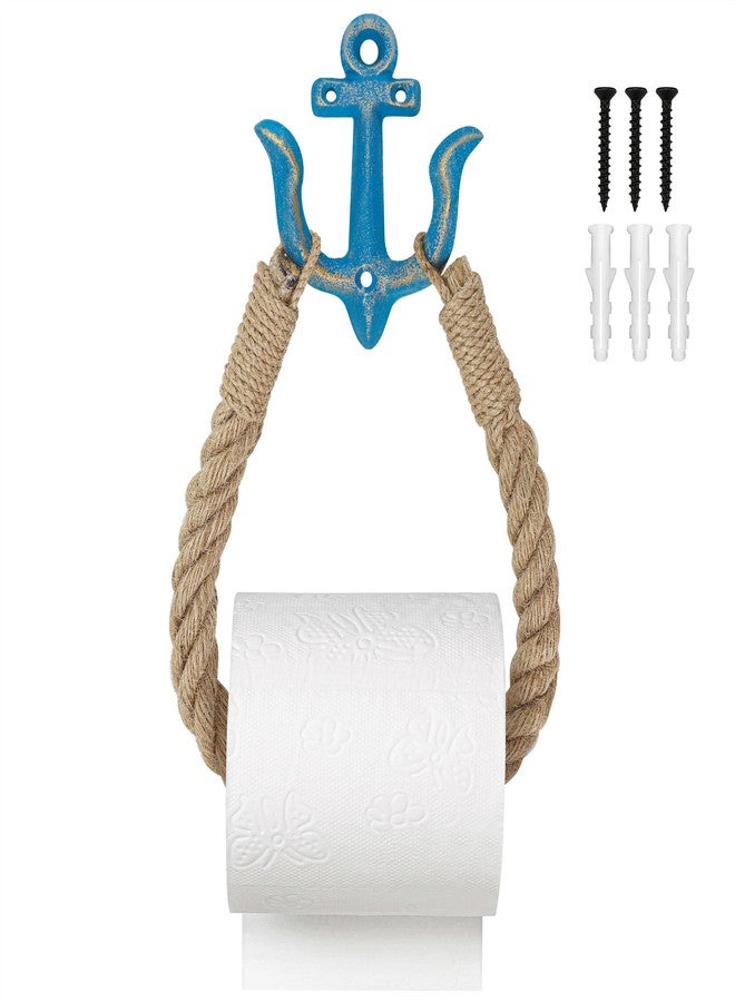 BuleVina Beach Nautical Toilet Paper Roll Holder Coastal Wall-Mounted Rope Towel Holder with Metal Hook for Bathroom Decor Accessories, Natural Rustic Jute Rope with Anchor Pirate Seaside Themed (Blue) - Image 1