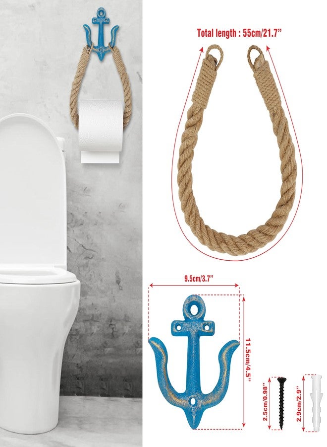 BuleVina Beach Nautical Toilet Paper Roll Holder Coastal Wall-Mounted Rope Towel Holder with Metal Hook for Bathroom Decor Accessories, Natural Rustic Jute Rope with Anchor Pirate Seaside Themed (Blue) - Image 2