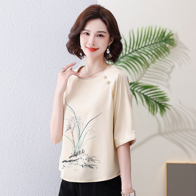 Mother'S Clothes Western Style Middle-Aged And Elderly Women'S Summer Clothes Suit Plus Size Casual 50-Year-Old Short-Sleeved T-Shirt Two-Piece Set - Image 2