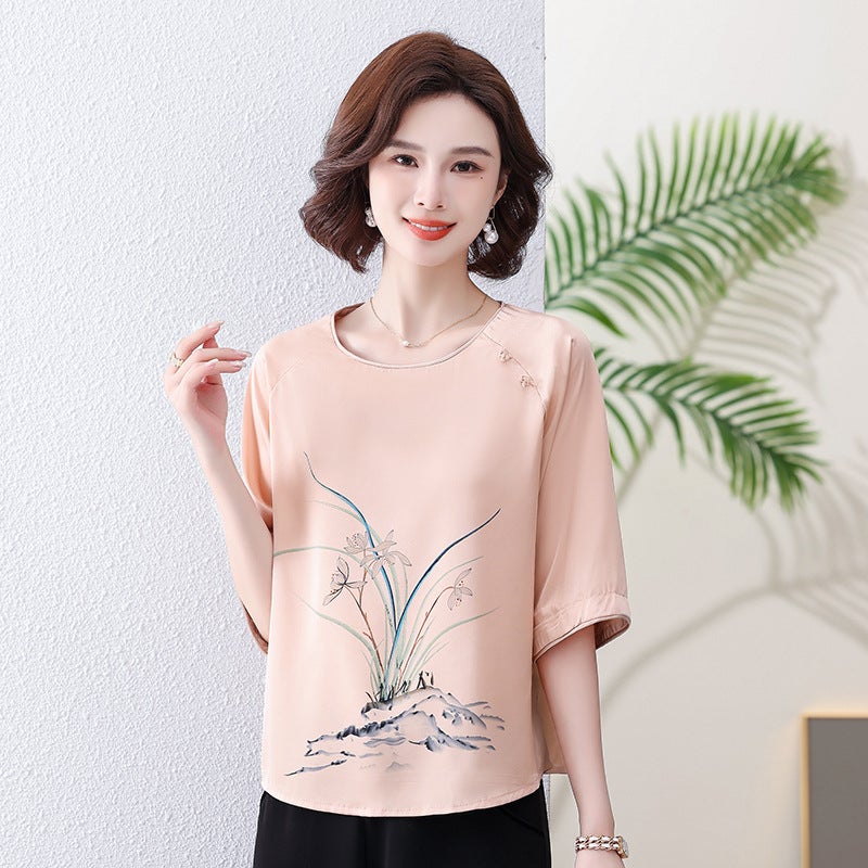 Mother'S Clothes Western Style Middle-Aged And Elderly Women'S Summer Clothes Suit Plus Size Casual 50-Year-Old Short-Sleeved T-Shirt Two-Piece Set - Image 1