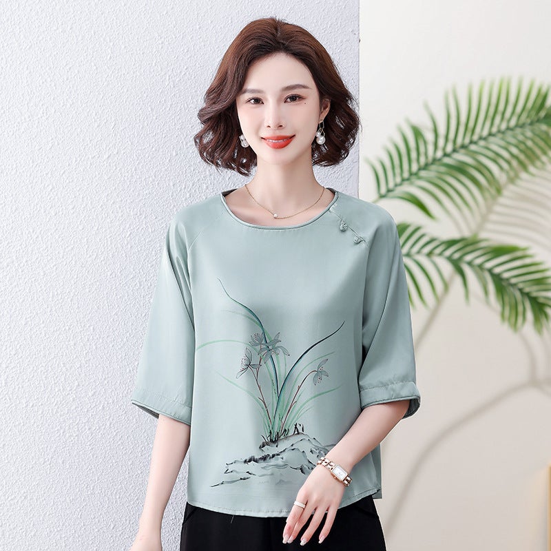 Mother'S Clothes Western Style Middle-Aged And Elderly Women'S Summer Clothes Suit Plus Size Casual 50-Year-Old Short-Sleeved T-Shirt Two-Piece Set - Image 3