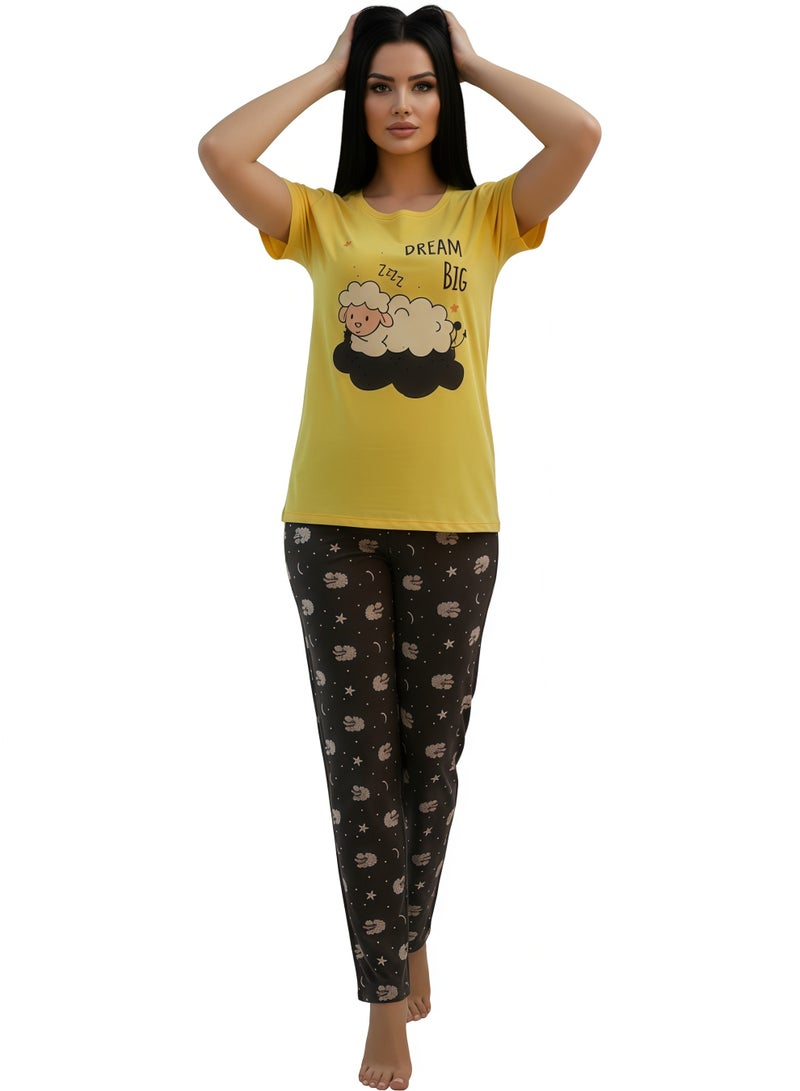 جوانا طقم بيجاما نسائي بطبعة "احلمي بشكل كبير" - قميص بأكمام قصيرة وبنطال طويل، أصفر، مقاس M - Image 3