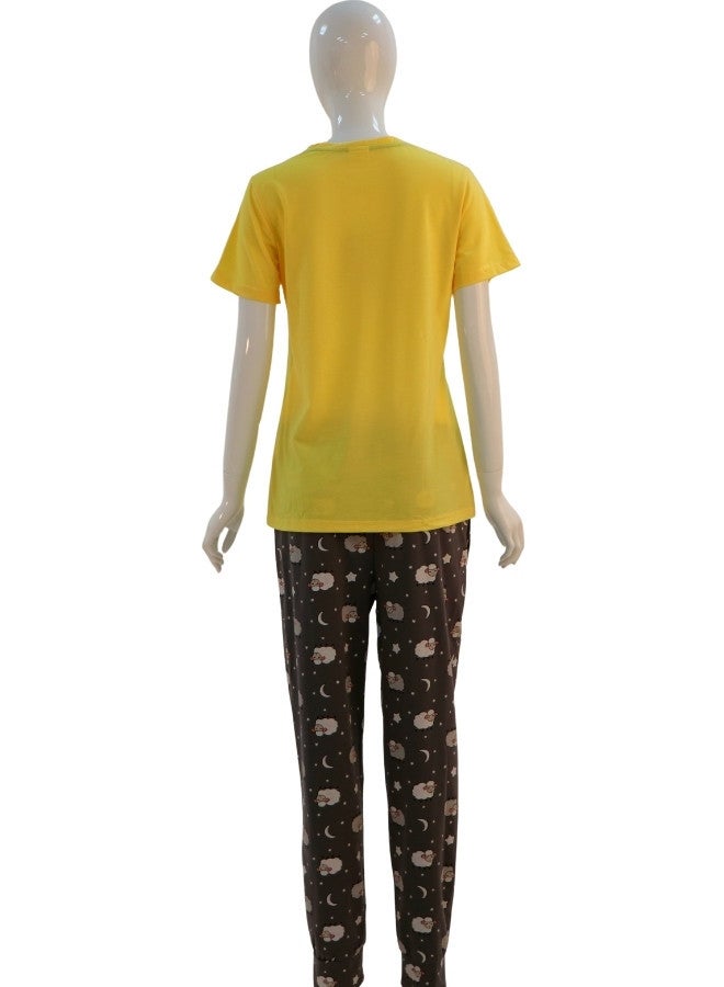 JOANNA JOANNA Women's Dream Big Print Short Sleeve Shirt & Long Pants Pajama Set, Yellow - Image 3
