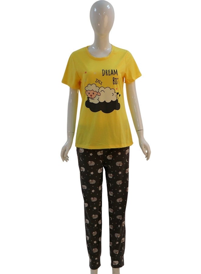 JOANNA JOANNA Women's Dream Big Print Short Sleeve Shirt & Long Pants Pajama Set, Yellow - Image 1