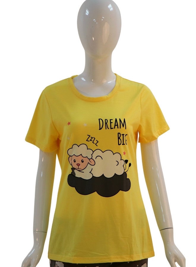 JOANNA JOANNA Women's Dream Big Print Short Sleeve Shirt & Long Pants Pajama Set, Yellow - Image 4