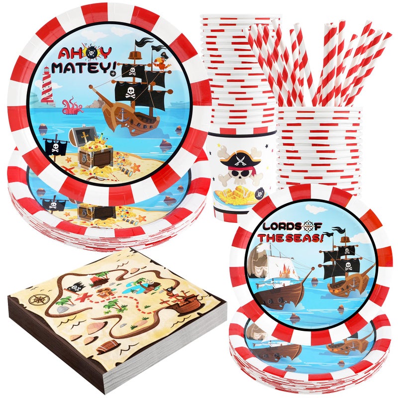 Pirate Birthday Party Supplies Decorations Pirate Treasure Theme Paper Plates and Napkins Set with Cups and Straws for 24 Guests 120 Pcs Disposable Party Dessert Dinnerwares