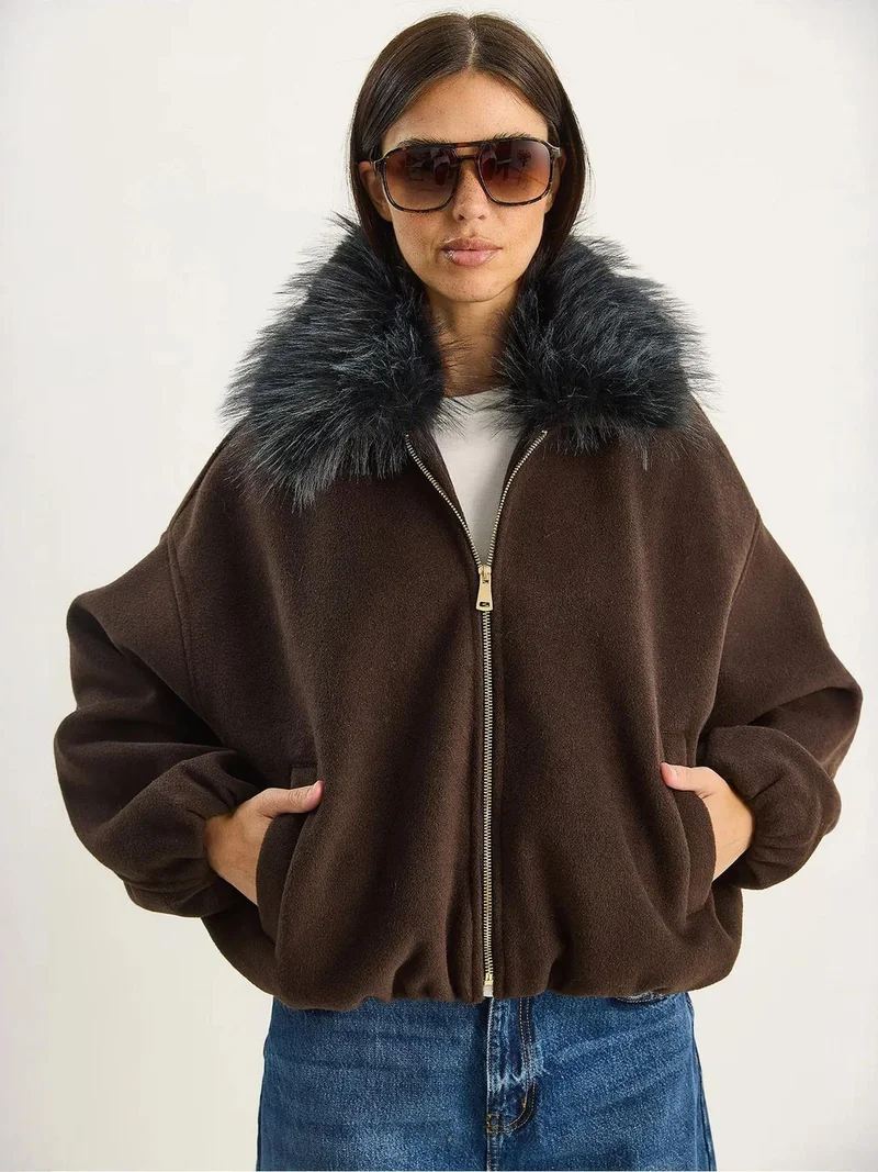 LUCCI Oversized Zipper Jacket with Fur Collar