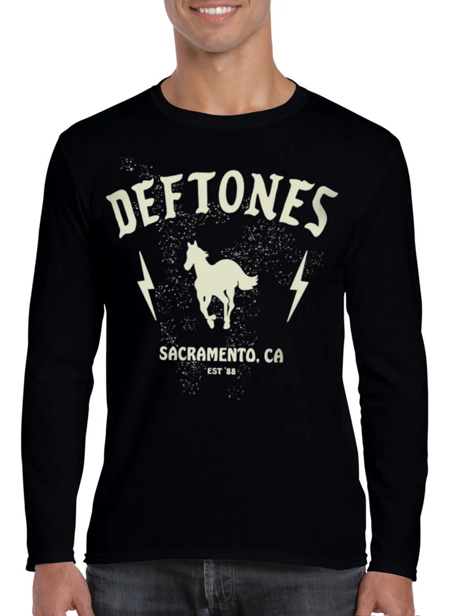 روك اند رول Deftones Black Long Sleeve Men's Combed Cotton T-Shirt