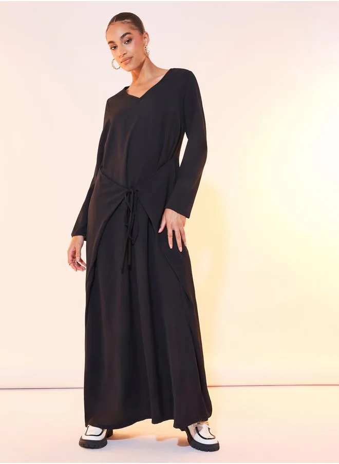 Styli Solid V Neck Long Sleeve Waist Tie Maxi Dress