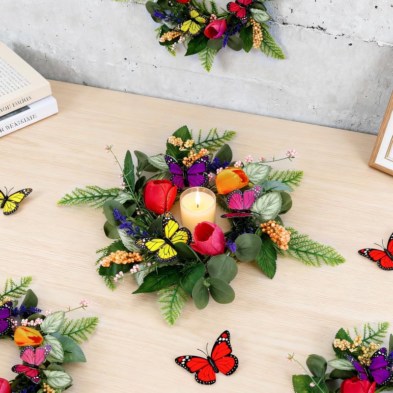 YLOLUL 6 PCS Spring Summer Candle Rings Wreaths Artificial Butterfly Tulip Lavender Eucalyptus Candle Rings Holder with Berry Mini Floral Silk Flowers Wreath for Party Home Table Centerpiece Farmhouse Decor - Image 2