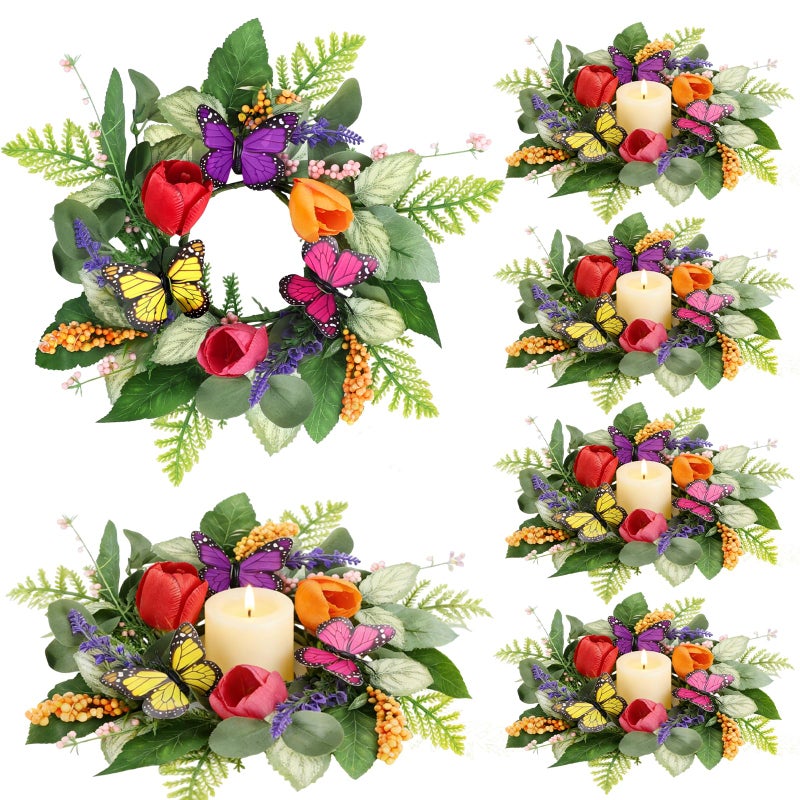 YLOLUL 6 PCS Spring Summer Candle Rings Wreaths Artificial Butterfly Tulip Lavender Eucalyptus Candle Rings Holder with Berry Mini Floral Silk Flowers Wreath for Party Home Table Centerpiece Farmhouse Decor - Image 1