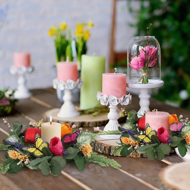 YLOLUL 6 PCS Spring Summer Candle Rings Wreaths Artificial Butterfly Tulip Lavender Eucalyptus Candle Rings Holder with Berry Mini Floral Silk Flowers Wreath for Party Home Table Centerpiece Farmhouse Decor - Image 4