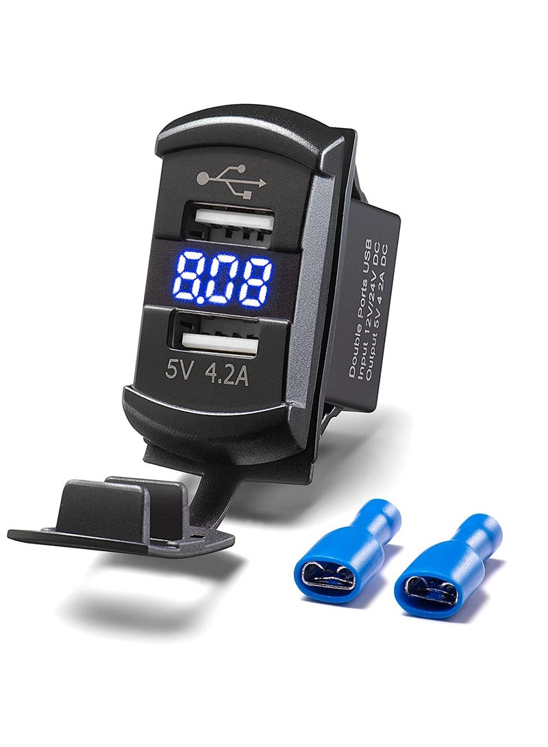 SYOSI Car Charger 4.2A Dual USB Port Socket Rocker Style Adapter Socket and Waterproof  Fast Charge Mount with Blue Led Digital Voltmeter for Rocker Marine Switch Panel on Boat RV Vehicle ect - Image 1