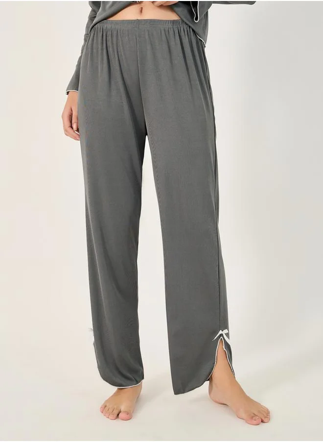 ستايلي Solid Lettuce Edge Hem Button Front Top and Pyjama Pants Set with Bow Detail