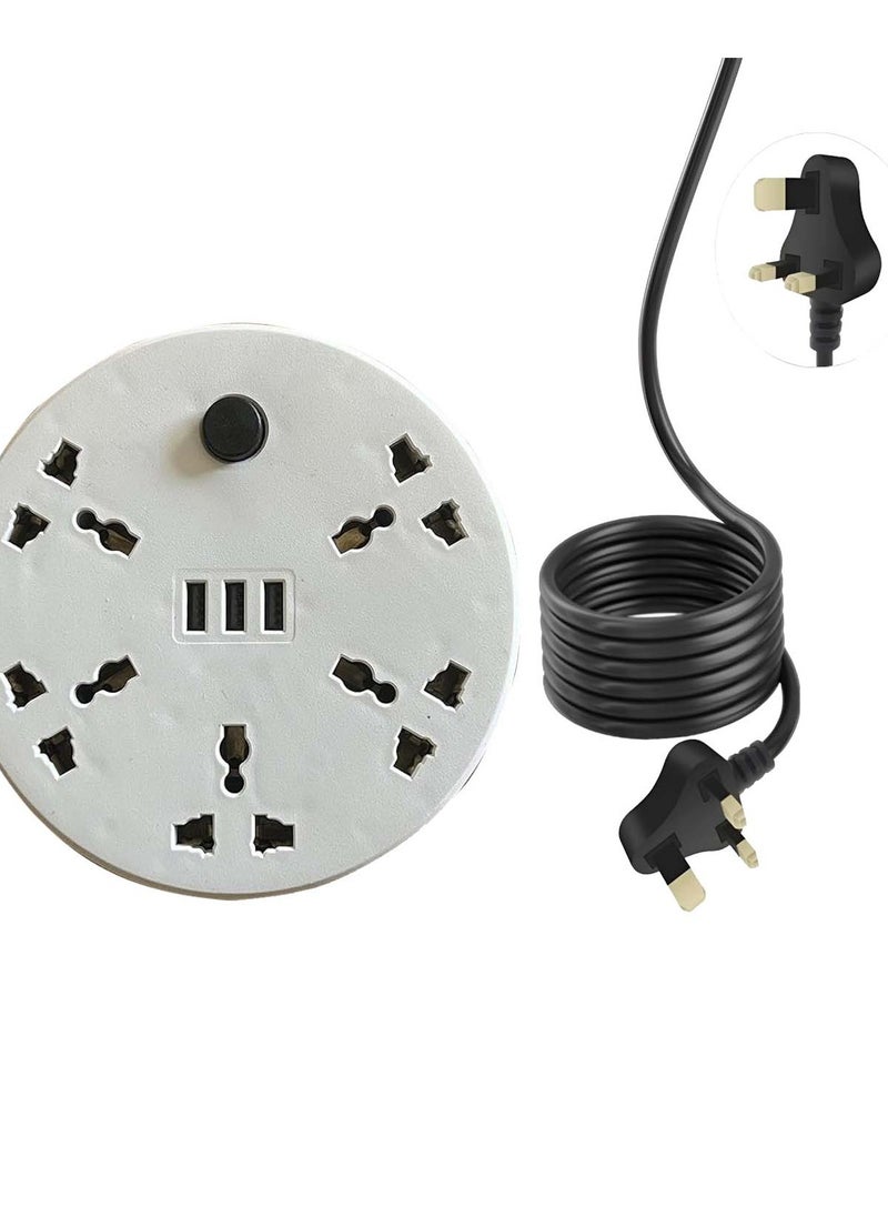 ULHYC - Round Universal Power Extension Cord with 5 Power Plugs and 3 USB Outlets, 5 Way Power Strip with USB Slots, Extension Lead 3 meter - White - Image 1