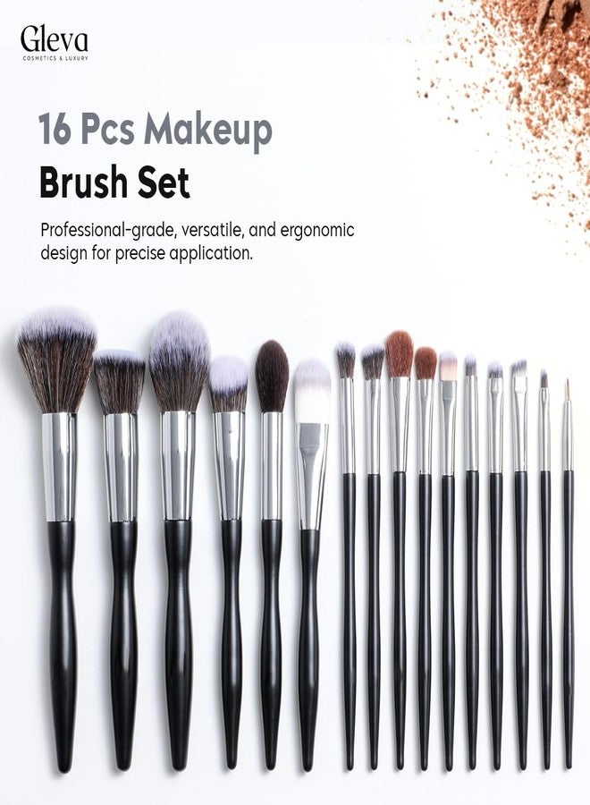 Gleva Makeup Brushes Premium Synthetic Kabuki Foundation Powder Concealers Eye Shadows 16 Pcs Brush Set With Pouch Professional Blush, Face Powder, Highlighter, Contour, Blending Eyeliner (Black) - Image 2