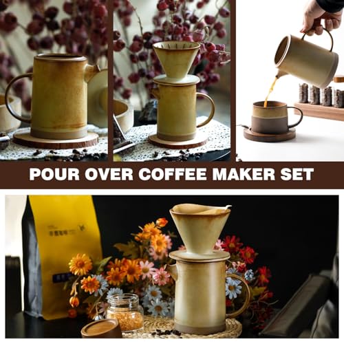 DIF DECO Pour Over Coffee Maker Set Vintage Ceramic Pour Over Coffee Dripper Set with 20 Count Paper Coffee Filters,for Home Café Restaurant Camping,15.8 Ounces(Yellow) - Image 5