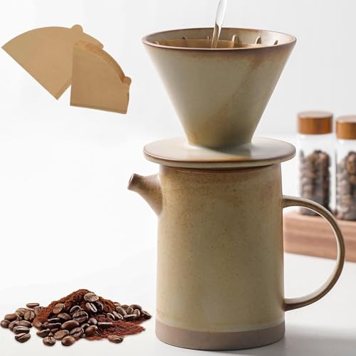 DIF DECO Pour Over Coffee Maker Set Vintage Ceramic Pour Over Coffee Dripper Set with 20 Count Paper Coffee Filters,for Home Café Restaurant Camping,15.8 Ounces(Yellow) - Image 1