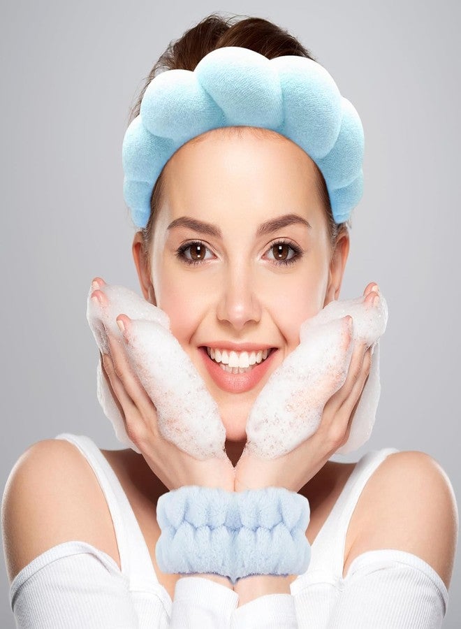 IK-CLAST Spa Headband and Wrist Washband Set, Blue, Soft Absorbent Terry Fabric, for Face Washing, Skincare, Makeup Removal, 3 Piece - Image 3