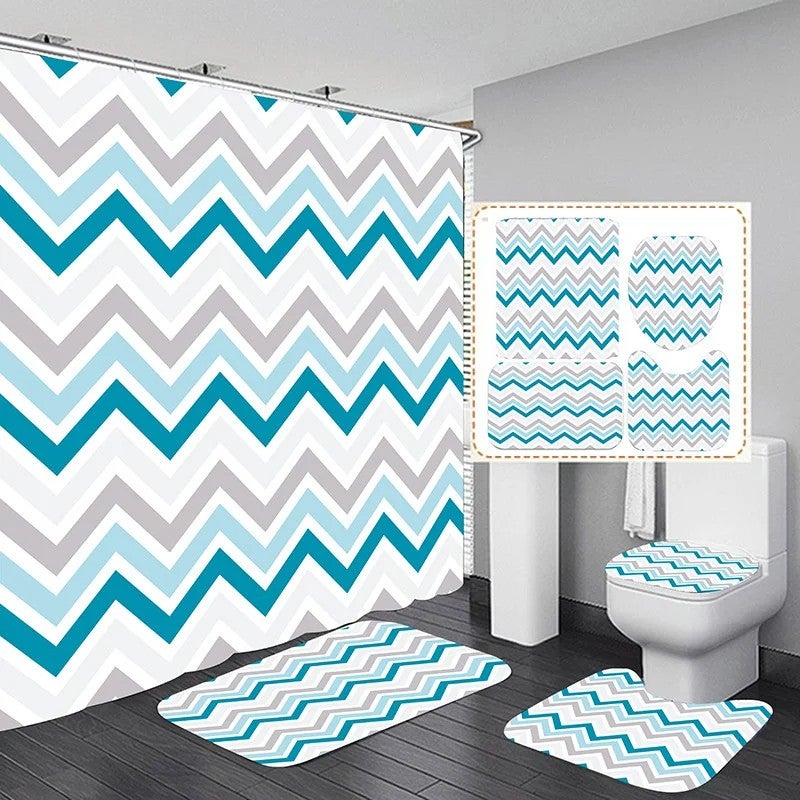 Y&D 4 Pcs Shower Curtain Wave Digital Print Bathroom Curtains Sets - Image 2