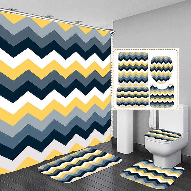 Y&D 4 Pcs Shower Curtain Wave Digital Print Bathroom Curtains Sets - Image 4