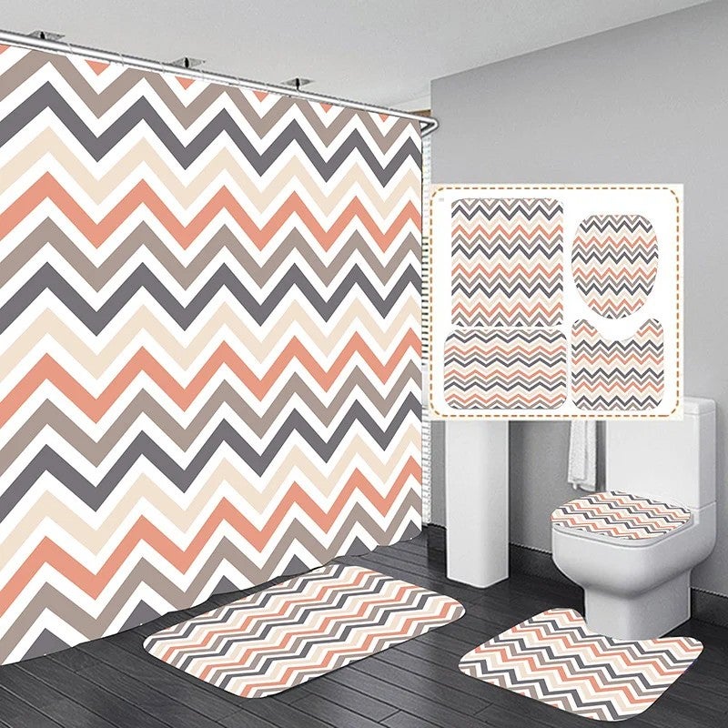 Y&D 4 Pcs Shower Curtain Wave Digital Print Bathroom Curtains Sets - Image 3
