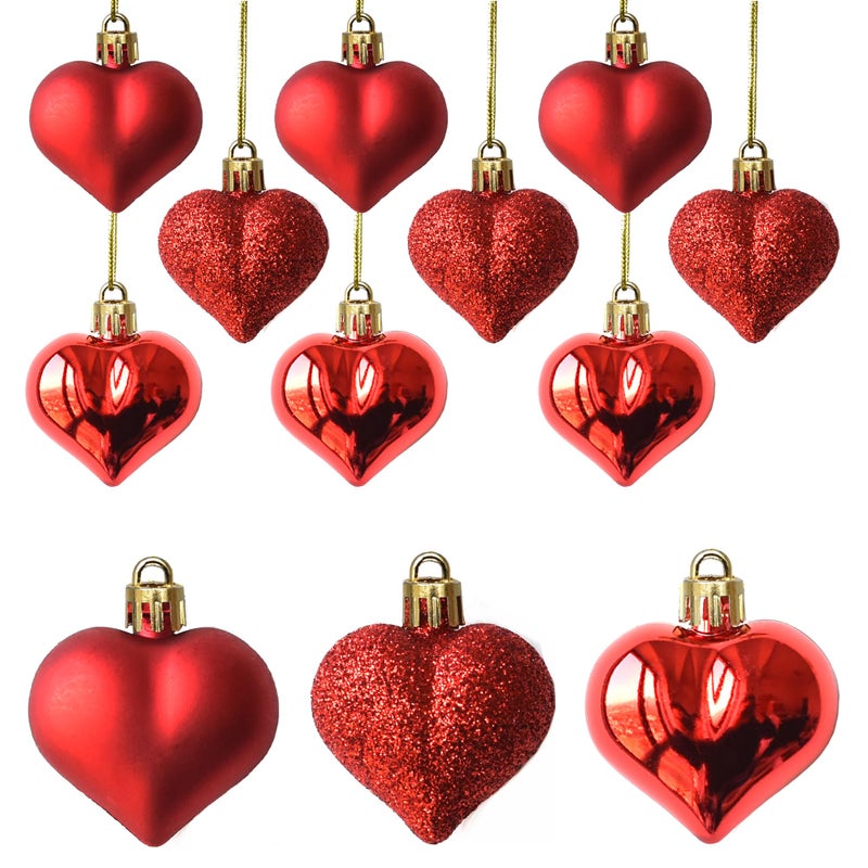 Tindobewan 12Pcs Heart Ornaments Multi Finish Heart Baubles Hanging Ornaments for Valentines Day Decor Mothers Day Christmas Tree Wedding Anniversary Party DecorationRed