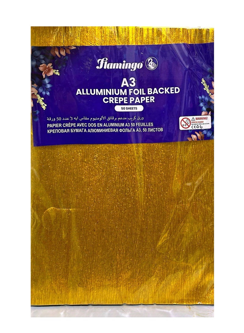 Flamingo Aluminium Crepe Paper Assortment. Pack of 50 Top quality aluminium crepe paper in a range of bright shiny metallic colours. Ideal for a wide variety of decorative projects. A3 SIZE ASSORATED COLORS 10 COLORS - Image 1
