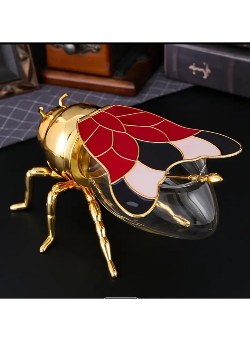 Bee Honey Jar, Glass Storage Container with Gold Metal Design, 14x10x7 cm, Red and Black  - Image 1