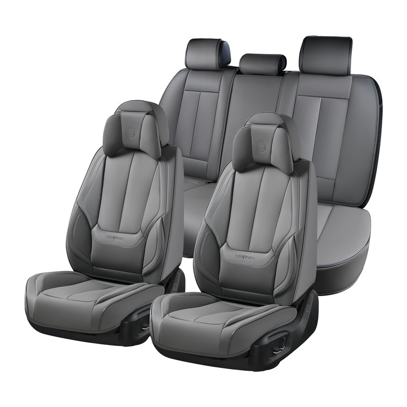 Coverado Universal Seat Covers Full Set 5 Seats Universal Seat Covers for Cars Waterproof Nappa Leather Car Seat Covers with Head Pillow Auto Protectors Fit for Most Sedans SUV Pickup TruckGray