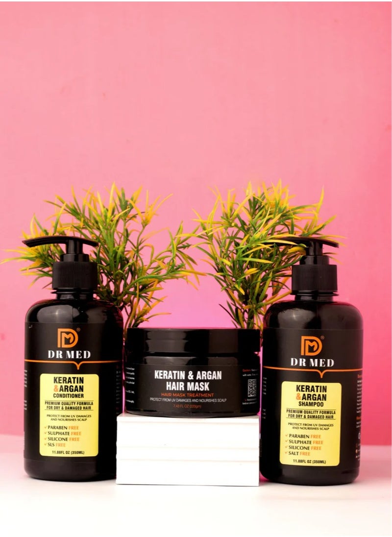Dr.Med - DR MED Keratin & Argan Hair Revitalization Set: Shampoo 350ml, Conditioner 350ml, and Mask 220g, damaged hair repair (pack of 3) - Image 1