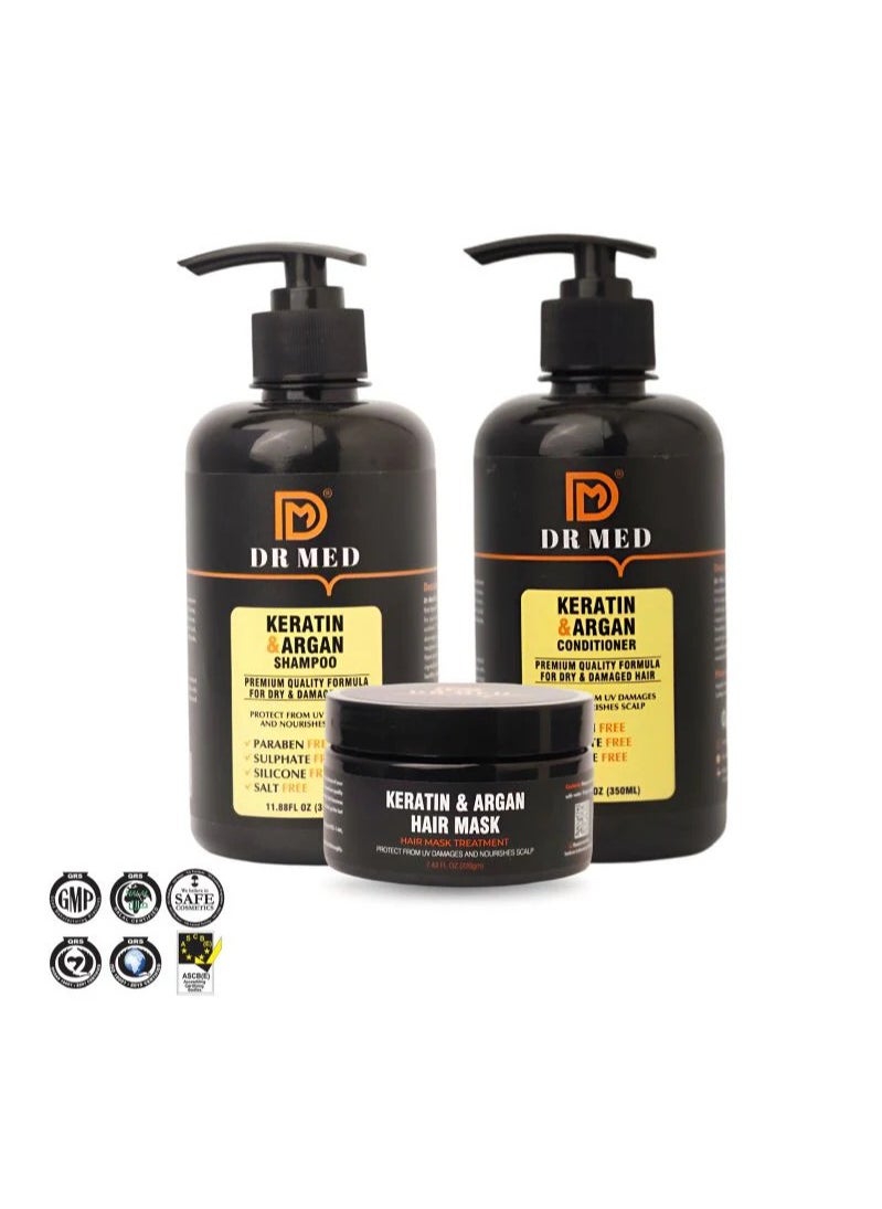 Dr.Med - DR MED Keratin & Argan Hair Revitalization Set: Shampoo 350ml, Conditioner 350ml, and Mask 220g, damaged hair repair (pack of 3) - Image 1