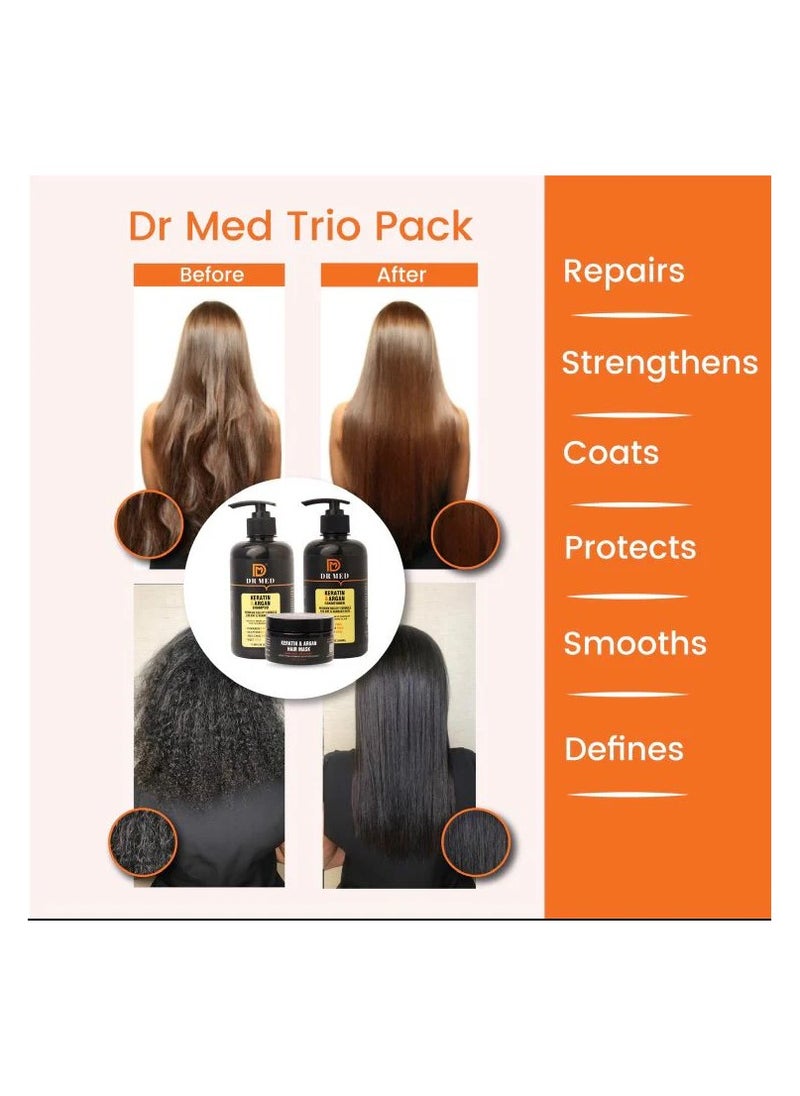 Dr.Med - DR MED Keratin & Argan Hair Revitalization Set: Shampoo 350ml, Conditioner 350ml, and Mask 220g, damaged hair repair (pack of 3) - Image 1