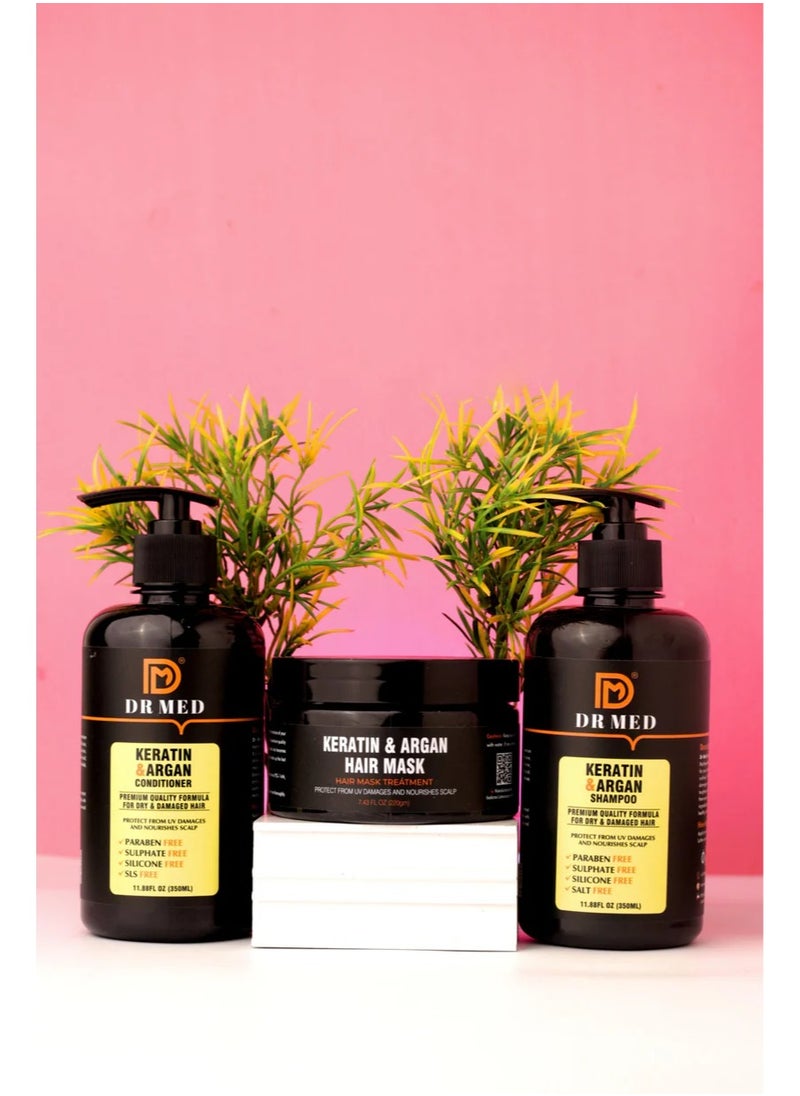 Dr.Med - DR MED Keratin & Argan Hair Revitalization Set: Shampoo 350ml, Conditioner 350ml, and Mask 220g, damaged hair repair (pack of 3) - Image 1