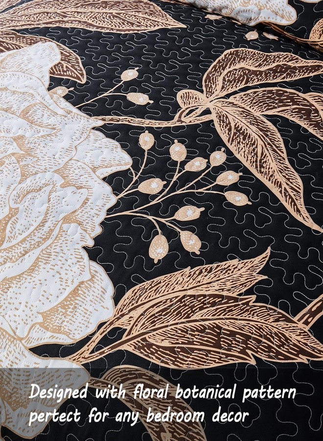 Yogeneg King Size Quilt Set,White Gold Floral Botanical Pattern Black Bedding Set,3 Piece Lightweight Soft Summer Bedspread Coverlet with 2 PIillow Sham for All Season(Black Floral,110"x96") - Image 4
