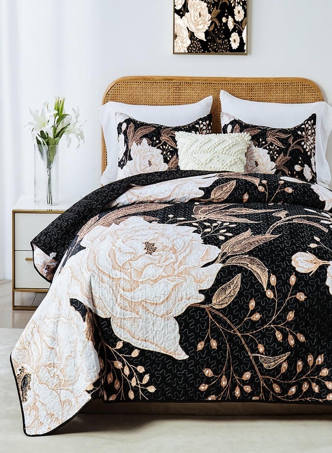Yogeneg King Size Quilt Set,White Gold Floral Botanical Pattern Black Bedding Set,3 Piece Lightweight Soft Summer Bedspread Coverlet with 2 PIillow Sham for All Season(Black Floral,110"x96") - Image 1