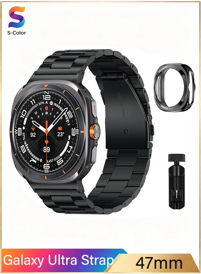 S-Color No Gaps Bands Compatible with Galaxy Watch Ultra Bands 47mm Stainless Steel Metal Replacement Strap for Galaxy Watch 7 Ultra 47mm Women Men Black - Image 1