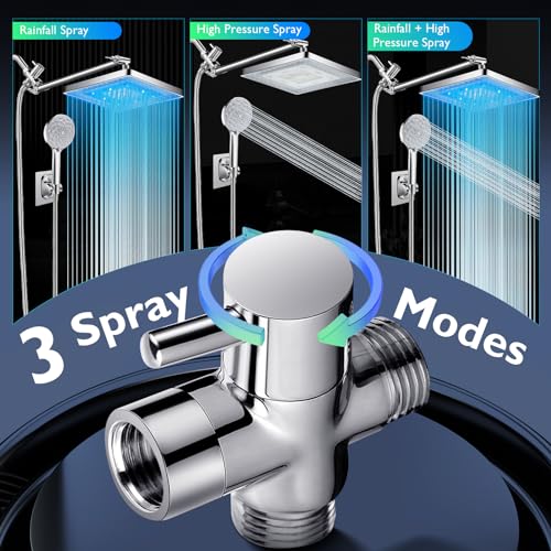 PinWin Shower Head, 8'' Dual Rain Shower Head with 11'' Adjustable Extension Arm, 7-Setting High-Pressure Handheld Combo, Rainfall LED Shower Head Water Temperature Controlled Color Changing,Chrome - Image 3