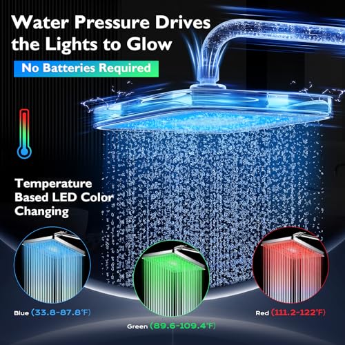 PinWin Shower Head, 8'' Dual Rain Shower Head with 11'' Adjustable Extension Arm, 7-Setting High-Pressure Handheld Combo, Rainfall LED Shower Head Water Temperature Controlled Color Changing,Chrome - Image 2