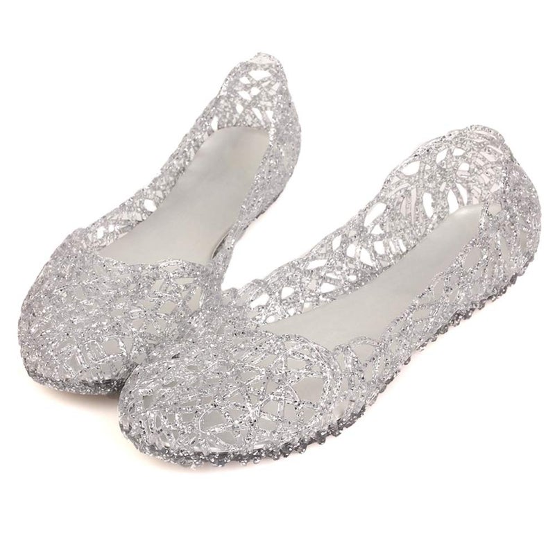 Domucos Womens Sandals Flat Jelly Shoes Slip On Hollow Out Loafers, Silver, 8.5 - Image 4