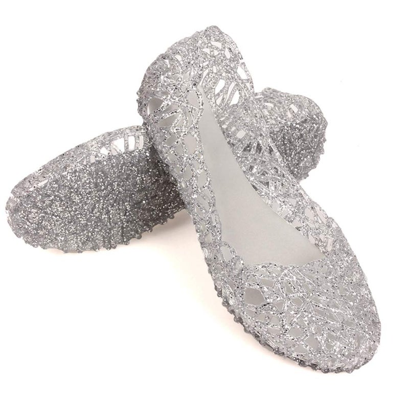 Domucos Womens Sandals Flat Jelly Shoes Slip On Hollow Out Loafers, Silver, 8.5 - Image 3