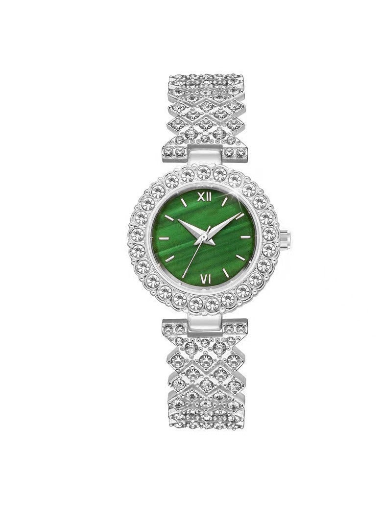 New Diamond Green Face Women's Watch Luxury Women's Watch Bracelet (Silver)  - Image 1