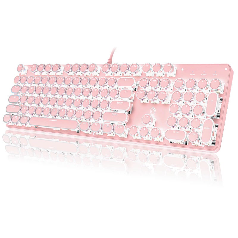 YSCP Typewriter Style Mechanical Gaming Keyboard White Backlit Wired with Blue Switch Retro Round Keycap 104 Keys Keyboard Pink - Image 2