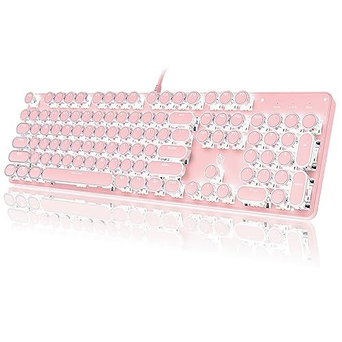 YSCP Typewriter Style Mechanical Gaming Keyboard White Backlit Wired with Blue Switch Retro Round Keycap 104 Keys Keyboard Pink - Image 1