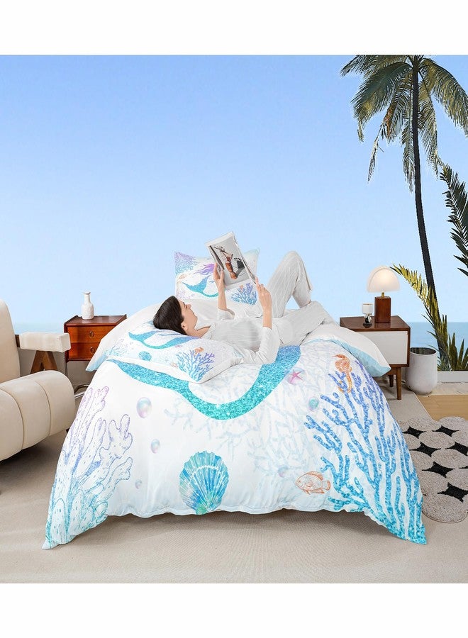 Castle Fairy Mermaid Duvet Cover Set Twin Size Rainbow Watercolor Glitter Bedding Set for Kids Girls Women Teens Room Decor, Mermaid Fish Scale Comforter Cover Ocean Coral Shell Quilt Cover 2pcs - Image 1