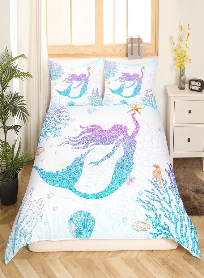 Castle Fairy Mermaid Duvet Cover Set Twin Size Rainbow Watercolor Glitter Bedding Set for Kids Girls Women Teens Room Decor, Mermaid Fish Scale Comforter Cover Ocean Coral Shell Quilt Cover 2pcs - Image 3