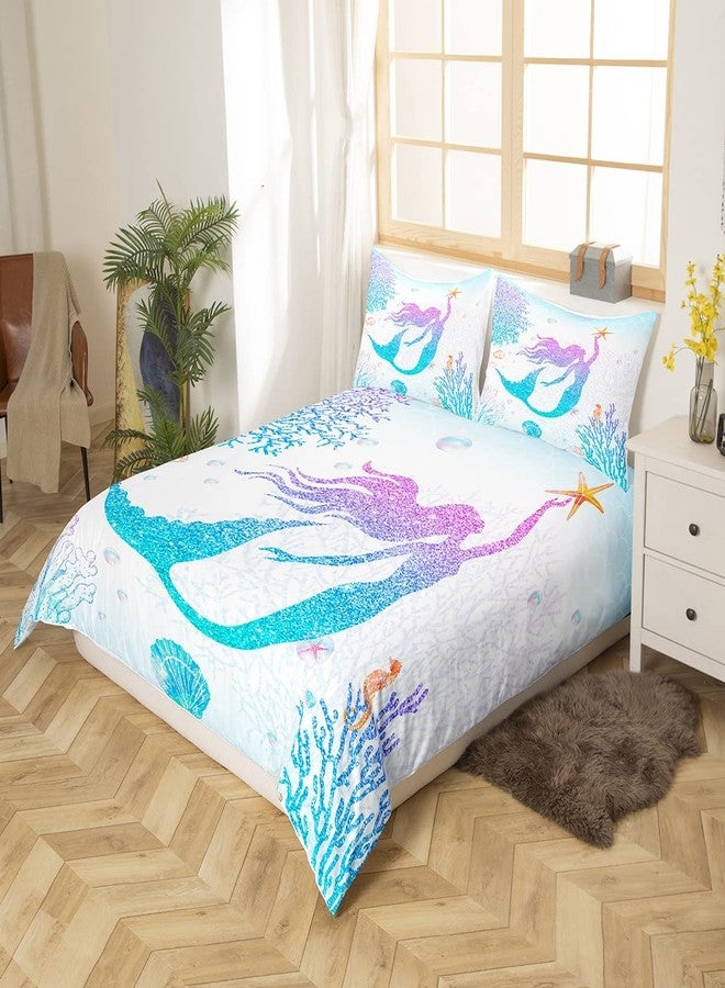 Castle Fairy Mermaid Duvet Cover Set Twin Size Rainbow Watercolor Glitter Bedding Set for Kids Girls Women Teens Room Decor, Mermaid Fish Scale Comforter Cover Ocean Coral Shell Quilt Cover 2pcs - Image 4