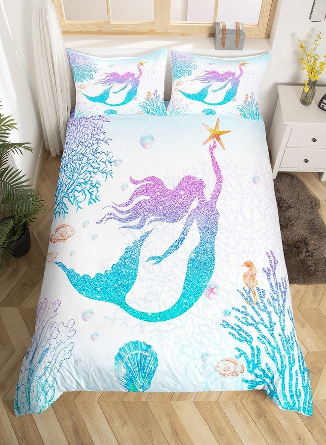 Castle Fairy Mermaid Duvet Cover Set Twin Size Rainbow Watercolor Glitter Bedding Set for Kids Girls Women Teens Room Decor, Mermaid Fish Scale Comforter Cover Ocean Coral Shell Quilt Cover 2pcs - Image 2