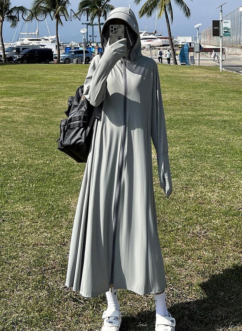 Moovant UPF 50+ Ice Silk Breathable Sun Protection Jacket for Women, Long UV Resistant Coat with Detachable Vinyl Hat, Lightweight Summer Smock for Outdoor Activities & Commuting, Grey - Image 2