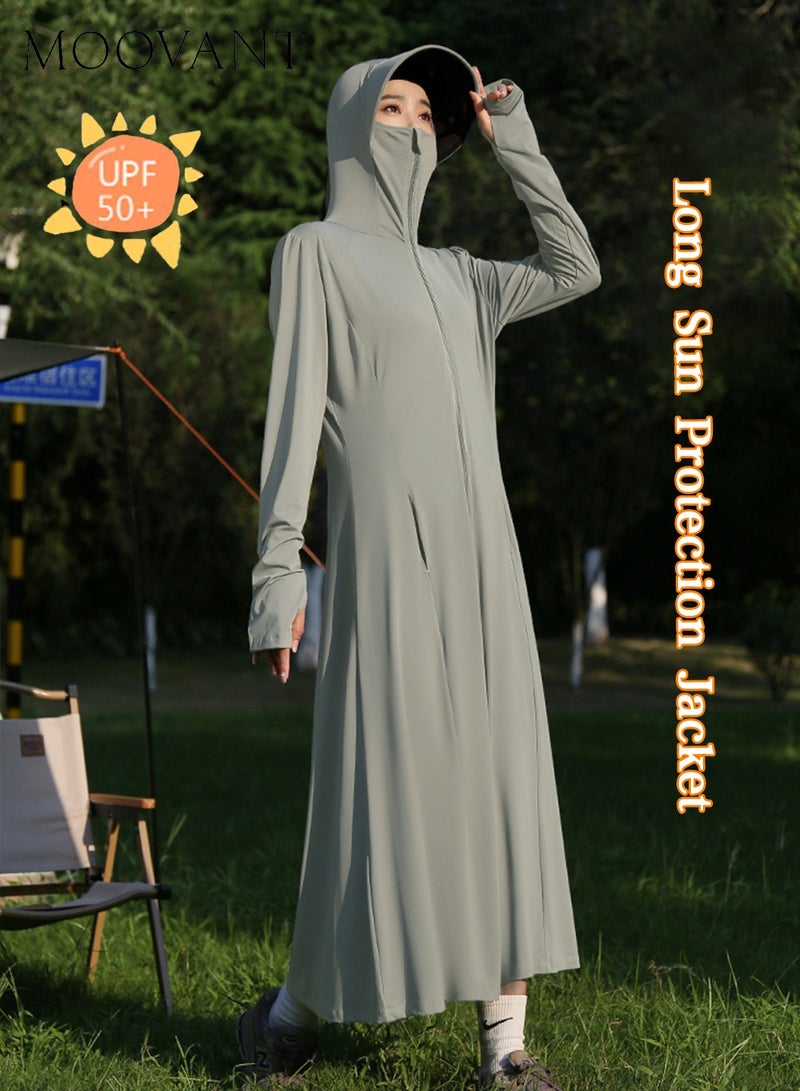 Moovant UPF 50+ Ice Silk Breathable Sun Protection Jacket for Women, Long UV Resistant Coat with Detachable Vinyl Hat, Lightweight Summer Smock for Outdoor Activities & Commuting, Grey - Image 1
